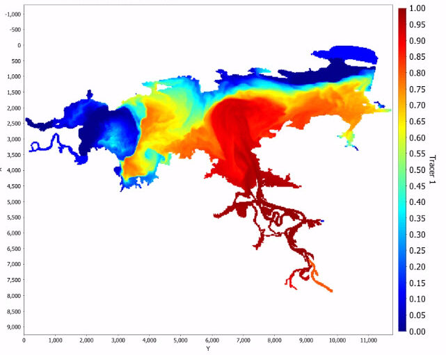 Lake Wister Lake Model Tracer Image shows modeled inflows to the reservoir