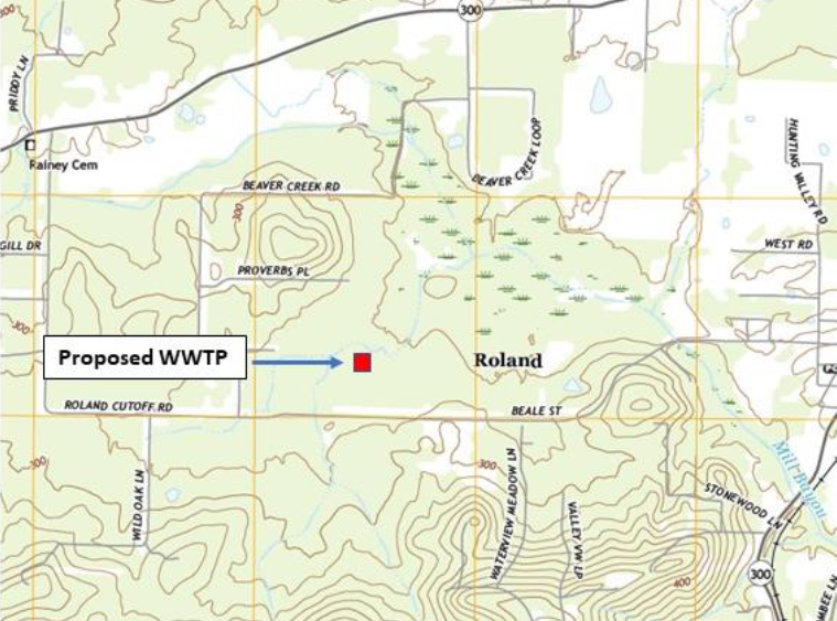 Mill Bayou AR & associated wetlands topo map excerpt