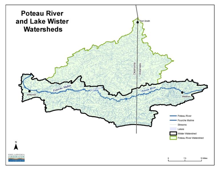 map of Lake Wister and Poteau River watersheds, Oklahoma and Arkansas